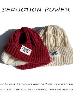 2025新款加绒帽子男冬季保暖针织帽卷边加厚护耳防寒红色毛线帽女