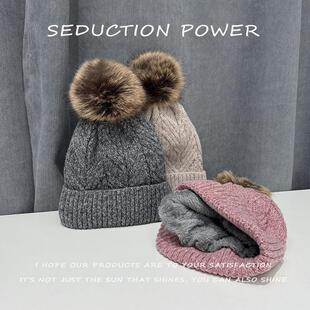 帽子女生冬天可爱毛球加绒加厚保暖针织帽简约百搭滑雪护耳毛线帽