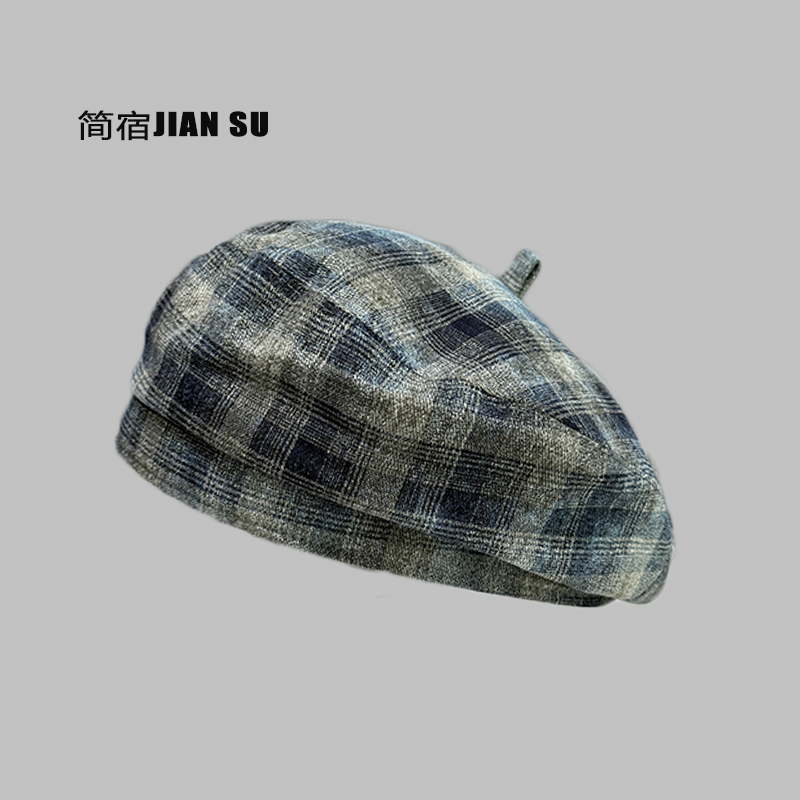 复古格纹贝雷帽女生秋冬款韩系百搭平顶显脸小毛呢报童画家帽子潮