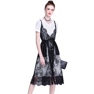 奈昕个性化私人定制31905吊带蕾丝花边连衣裙短袖t恤2件套高级感