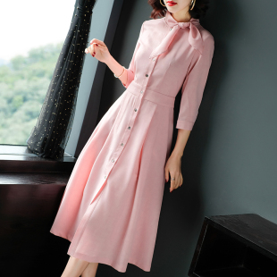 蝴蝶结领连衣裙遮腿显瘦 61699粉色轻熟七分袖 个性 化私人订制