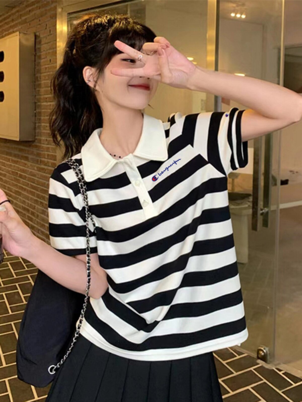 THIS CHAMPION AUTHENTIC SUMMER POLO SHIRT WOMENS NEW LOOSE AND THIN STUDENT STRIPED SHORT SLEEVE T-SHIRT TRENDY COLLAR