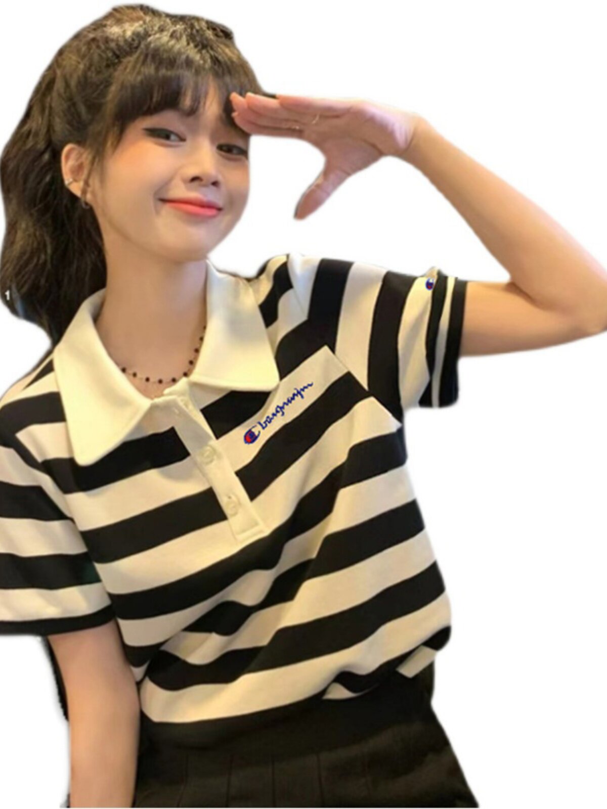 THIS CHAMPION AUTHENTIC SUMMER POLO SHIRT WOMENS NEW LOOSE AND THIN STUDENT STRIPED SHORT SLEEVE T-SHIRT TRENDY COLLAR