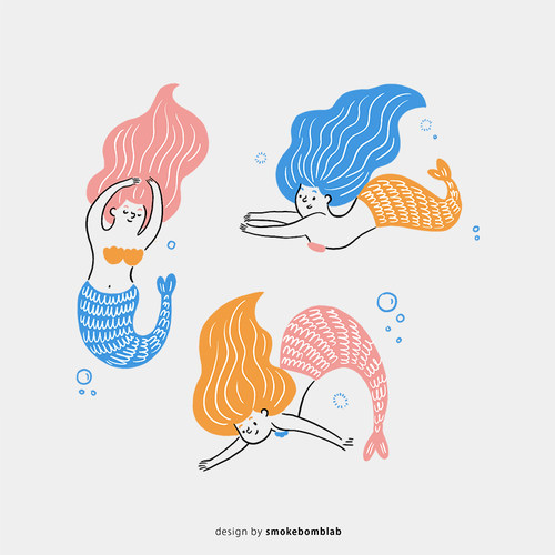 smokebomblab儿童插图 美人鱼组合 夏日 海洋 创意纹身贴纸
