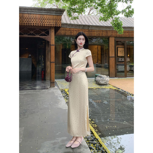 凌茜恣禾 晚晴'新中式缎面波点改良旗袍女夏季短袖修身日常连衣裙