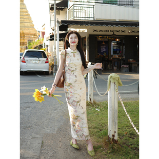 凌茜恣禾 云影墨痕'新中式蝴蝶碎花改良旗袍女夏季出游收腰连衣裙