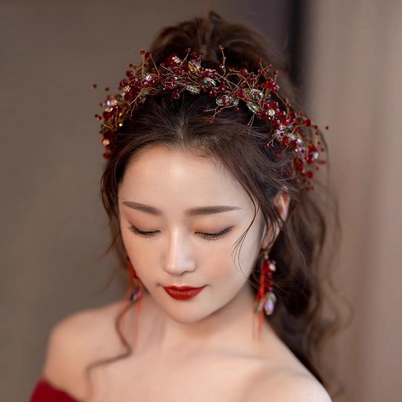 高级感新娘红色婚纱轻礼服头饰敬酒年会水晶发箍发饰结婚婚礼配饰