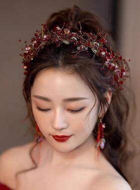 高级感新娘红色婚纱轻礼服头饰敬酒年会水晶发箍发饰结婚婚礼配饰