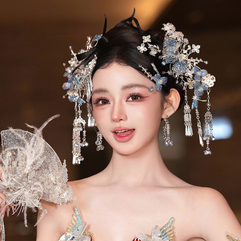 新款蓝色秀禾新娘头饰简单大气中式秀禾服结婚婚礼发饰高级显脸小