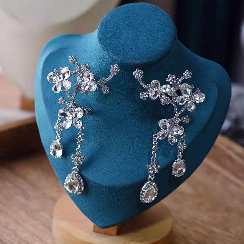 新款时尚日韩新颖手工水钻合金耳环耳挂耳骨夹新娘跟妆婚纱耳饰女