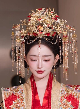 金色中式新娘秀禾服头饰古风汉服龙凤褂结婚传统古装婚礼凤冠发饰