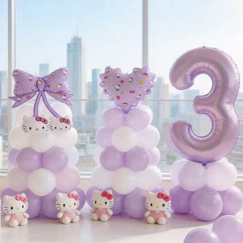 生日派对场景装饰Hellokitty猫布置气球爱心蝴蝶结周岁拍照道具