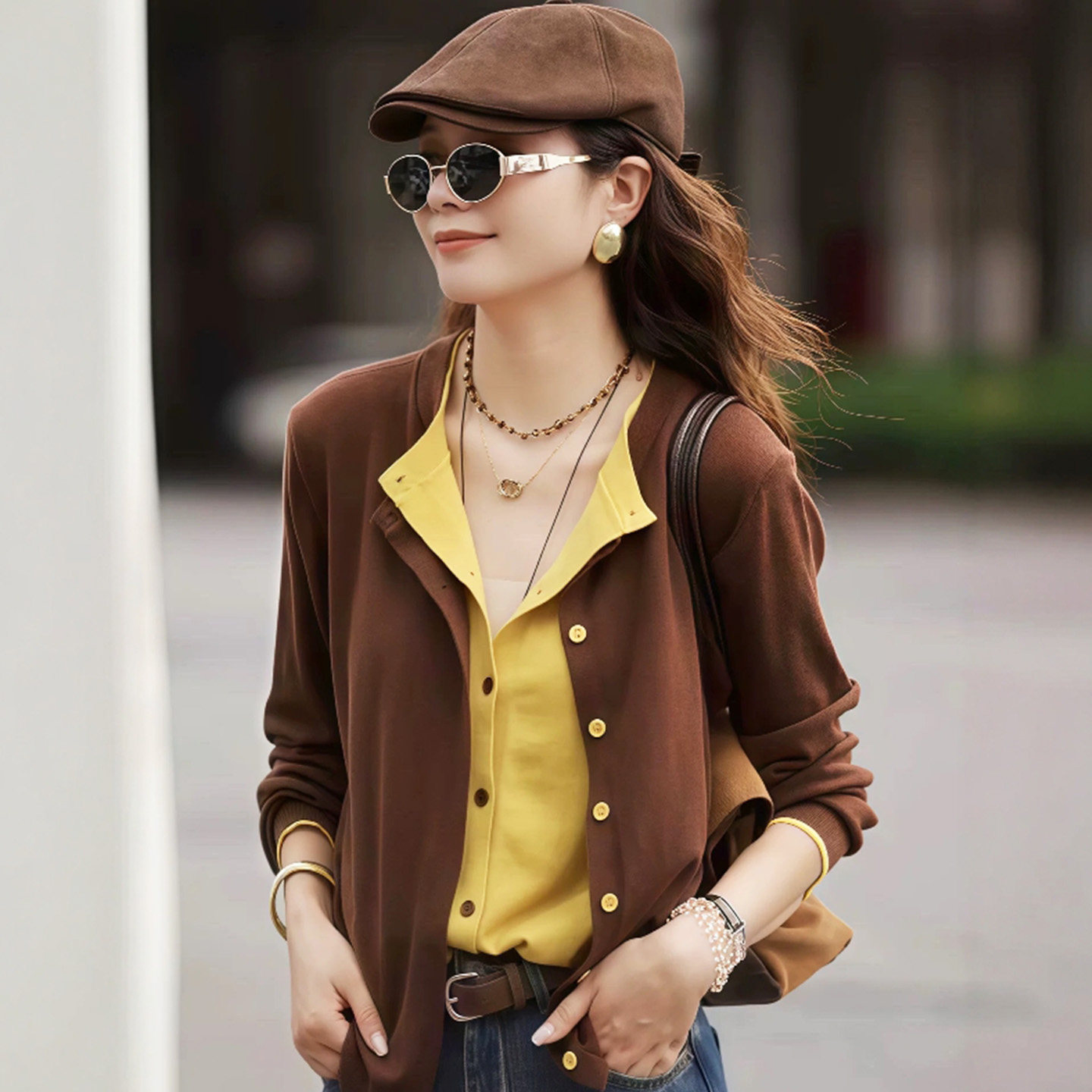 法式复古撞色长袖针织假两件女秋冬别致绝美时尚穿搭宽松外搭上衣