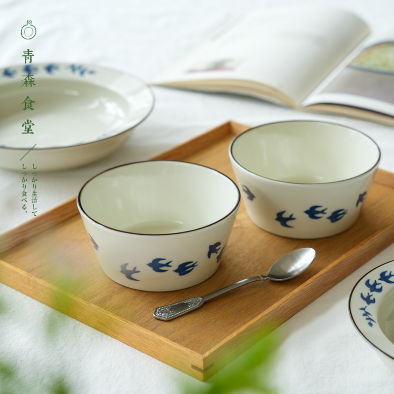 日本制美浓烧飞燕陶瓷饭碗钵深盘