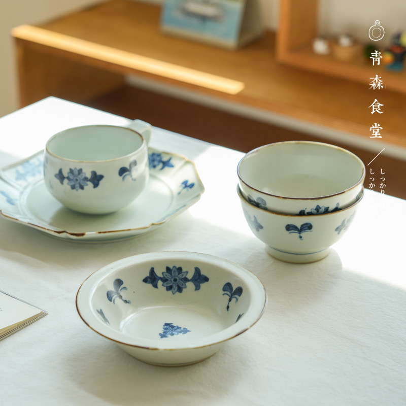 〈青森食堂〉日本制有田烧陶房青古染花卉陶瓷早餐杯饭碗钵八角盘