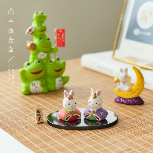 〈青森食堂〉日本药师窑祝福好运中秋节月兔娃娃青蛙陶土装饰摆件