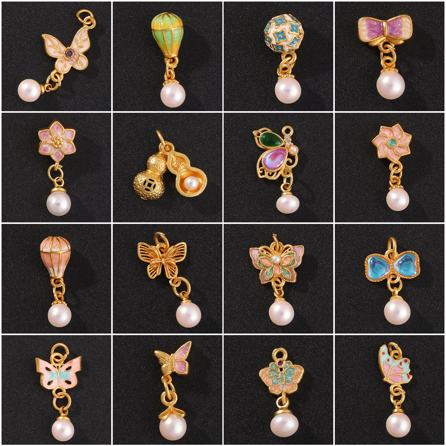 古法沙金吊坠手工diy手链手串滴油蝴蝶小滴溜珍珠挂坠饰品配件