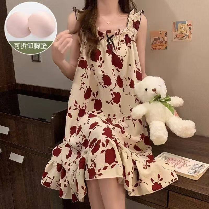 新款吊带睡裙带棉垫睡衣女甜美宽松家居服韩版可外穿夏天休闲