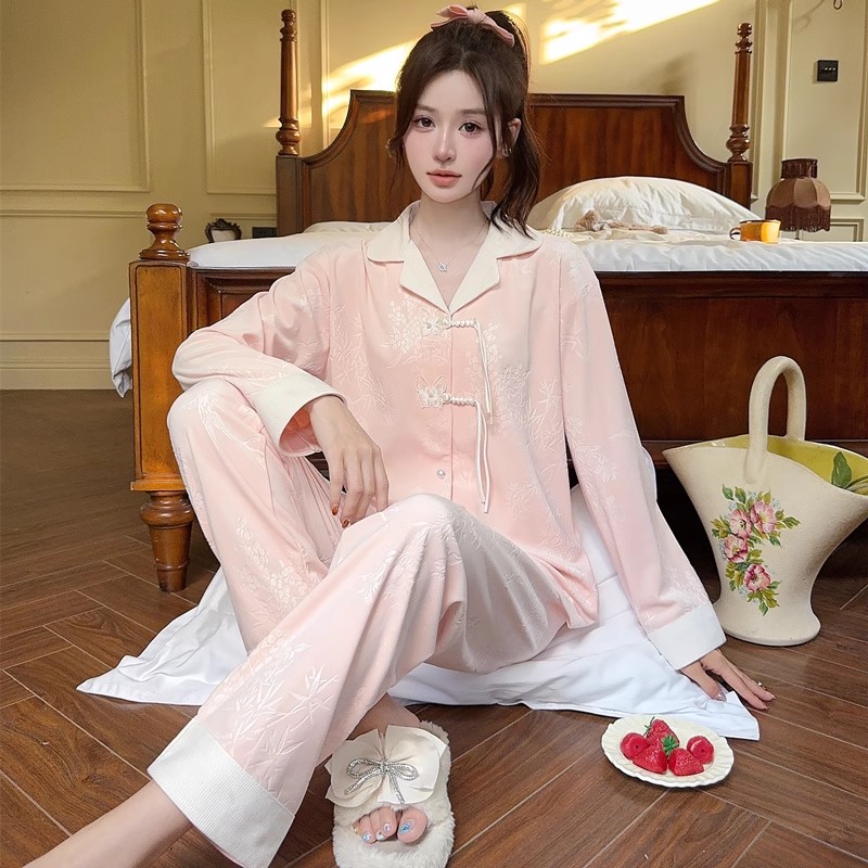 新中式国风睡衣女秋冬德绒长袖高级感蕾丝花边甜美提花家居服套装