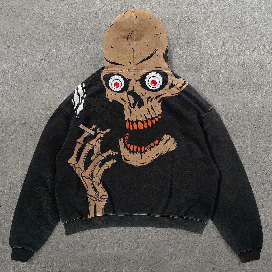 欧美热卖潮牌复古抽烟骷髅3D印花卫衣连帽衫男女时尚外套hoodie