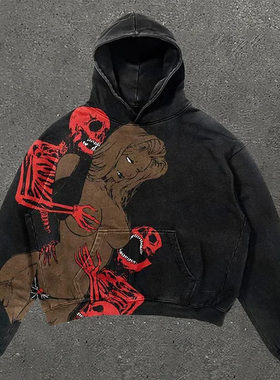 欧美热卖复古骨架3D印花卫衣连帽衫男女时尚外套hoodie