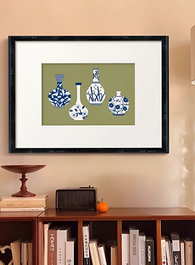 《平瓶安安》新中式青花瓷餐厅装饰画法式中国风绿色茶室书房挂画