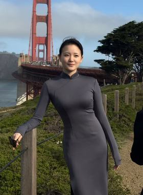 灰色简约修身旗袍 收腰显瘦气质