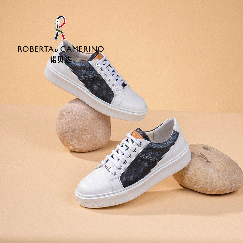 意大利诺贝达男鞋男士商务休闲皮鞋男真皮鸵鸟皮板鞋时尚通勤鞋子