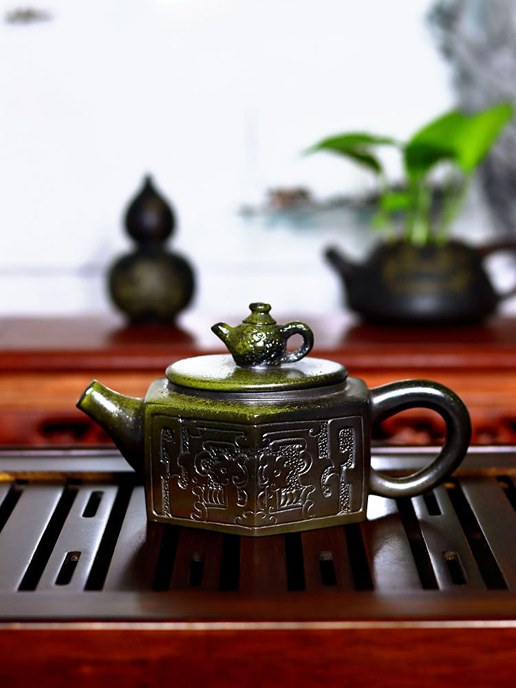 坭兴陶柴烧壶茶具精品柴窑六方壶家用泡茶壶纯手工制作中式高档