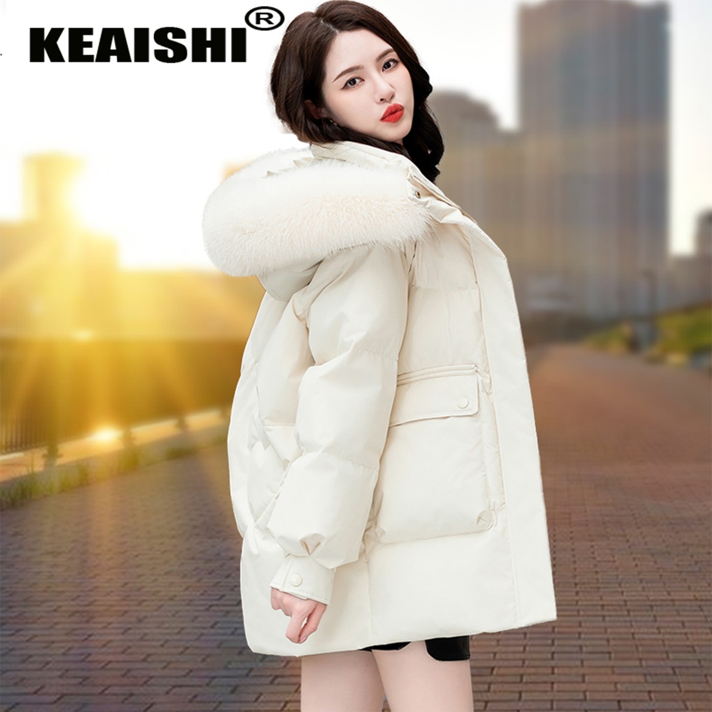 KEAISHI羽绒服女款冬季2025新款小个子大毛领中长款加厚保暖外套