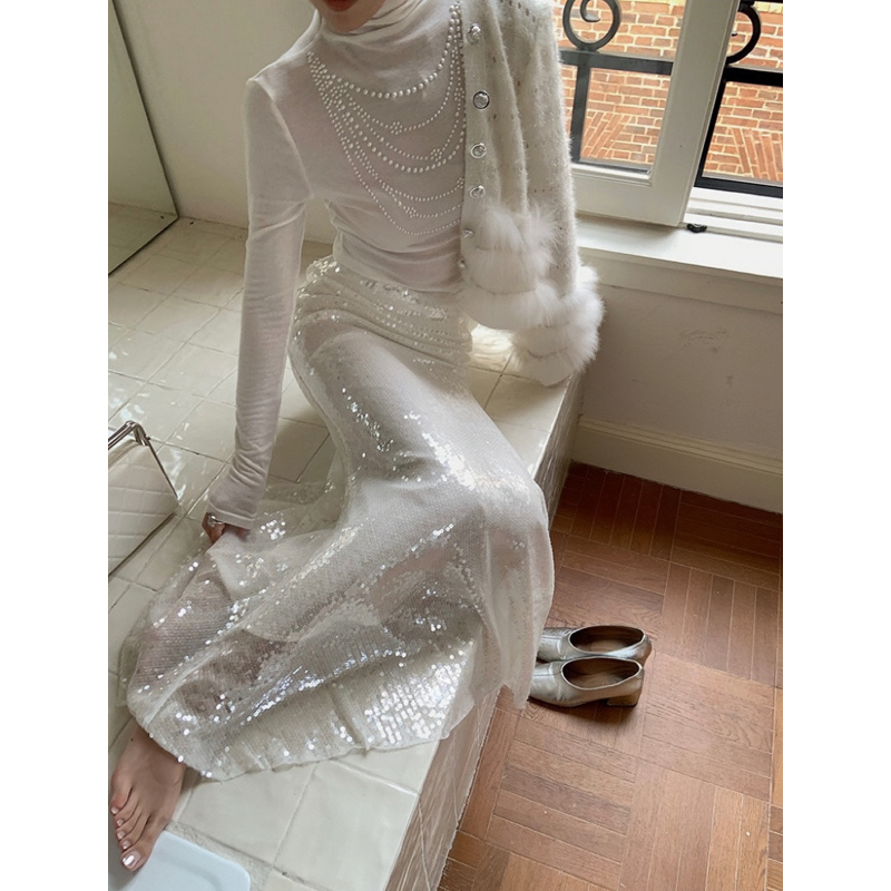 徐开开 黑/白 富家千金 仪式感法式设计亮闪闪亮片高腰显瘦鱼尾裙