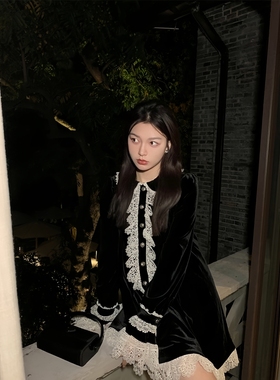 XU KAI KAI/徐开开 黑色丝绒复古进口蕾丝花边气质宽松显瘦连衣裙