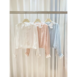 徐开开 白/粉/蓝 高级感白色蕾丝花边领下摆捏褶显瘦减龄长袖衬衫