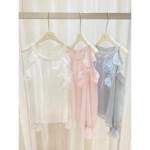 徐开开 白/粉/蓝 立体花露肩挂脖撒银木耳边长袖衬衫约会穿搭