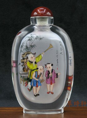 北京鼻烟壶 翠琦轩内画鼻烟壶 亮边壶 古代童子 欢天喜地辞旧迎新