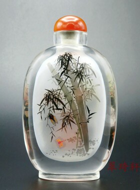 北京鼻烟壶 翠琦轩内画鼻烟壶 亮边内画壶  墨竹秋虫 小鸟硕果