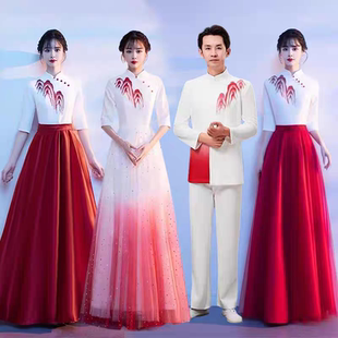 学生初高中合唱团比赛演出服红歌白礼服中国风演出服灯火里的中国