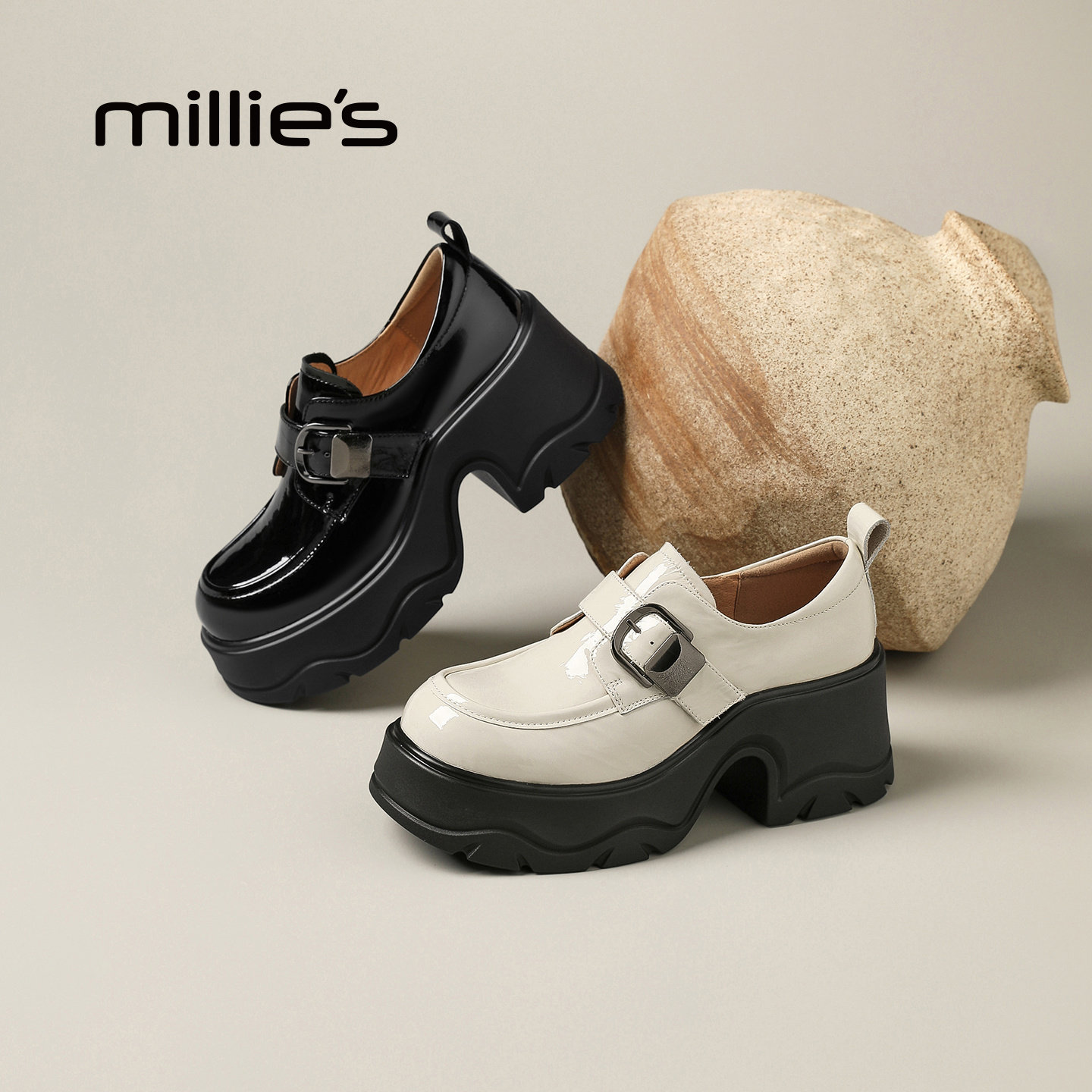 MILLIE'S/妙丽学院风厚底乐福鞋女漆皮一脚蹬休闲皮鞋增高单鞋