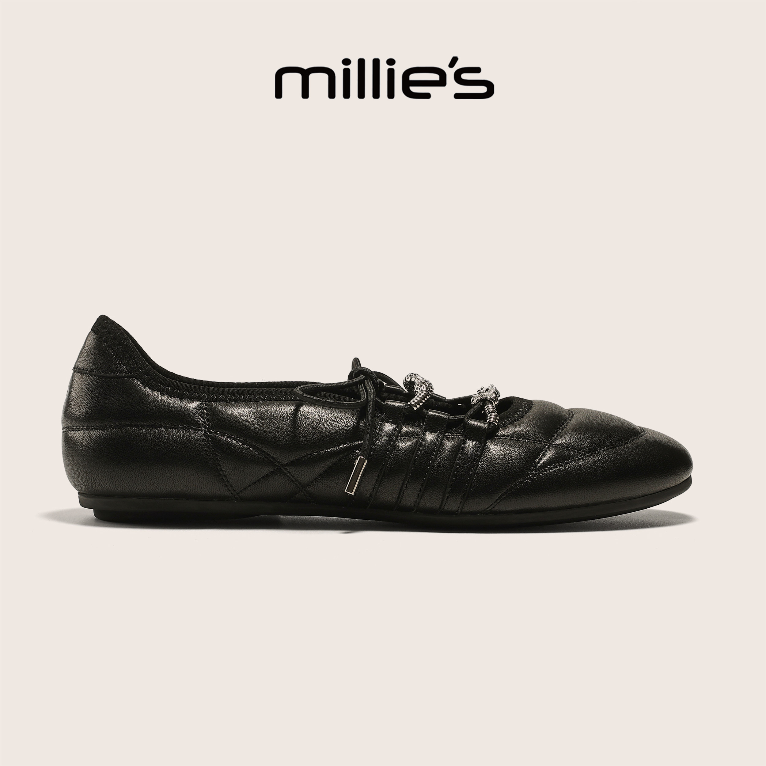 MILLIE'S/妙丽官方旗舰店夏季黑色真皮芭蕾女鞋绑带简约通勤鞋C