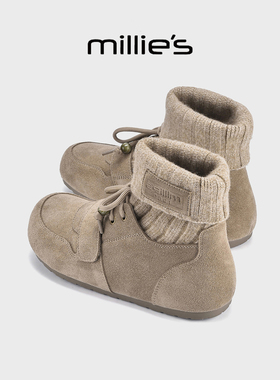 MILLIE'S/妙丽针织袜子靴女2025冬季新款加绒勃肯短靴百搭弹力靴