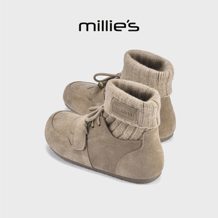 MILLIE'S/妙丽针织袜子靴女2026冬季新款加绒勃肯短靴百搭弹力靴