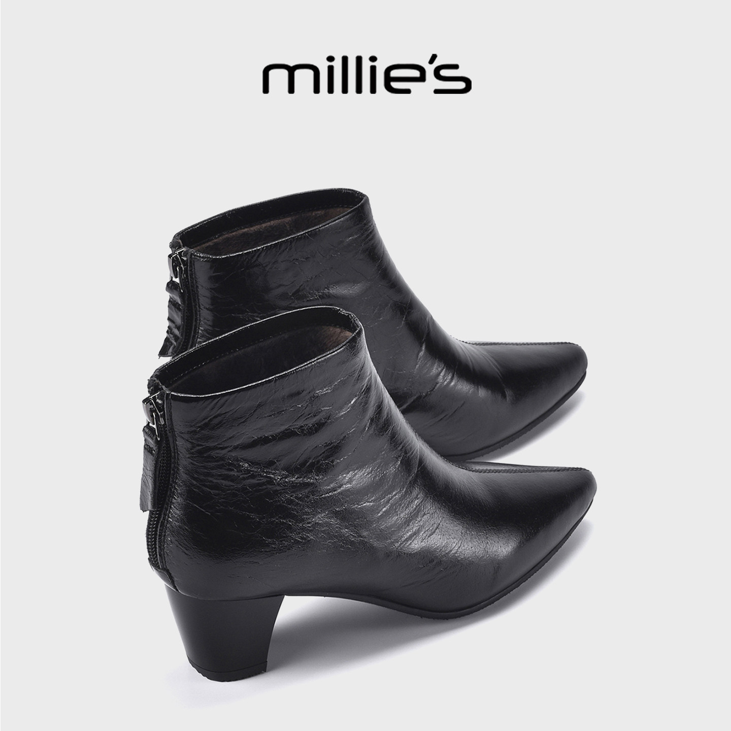 MILLIE'S/妙丽法式尖头高跟短靴女夏季加绒真皮踝靴黑色时装靴子