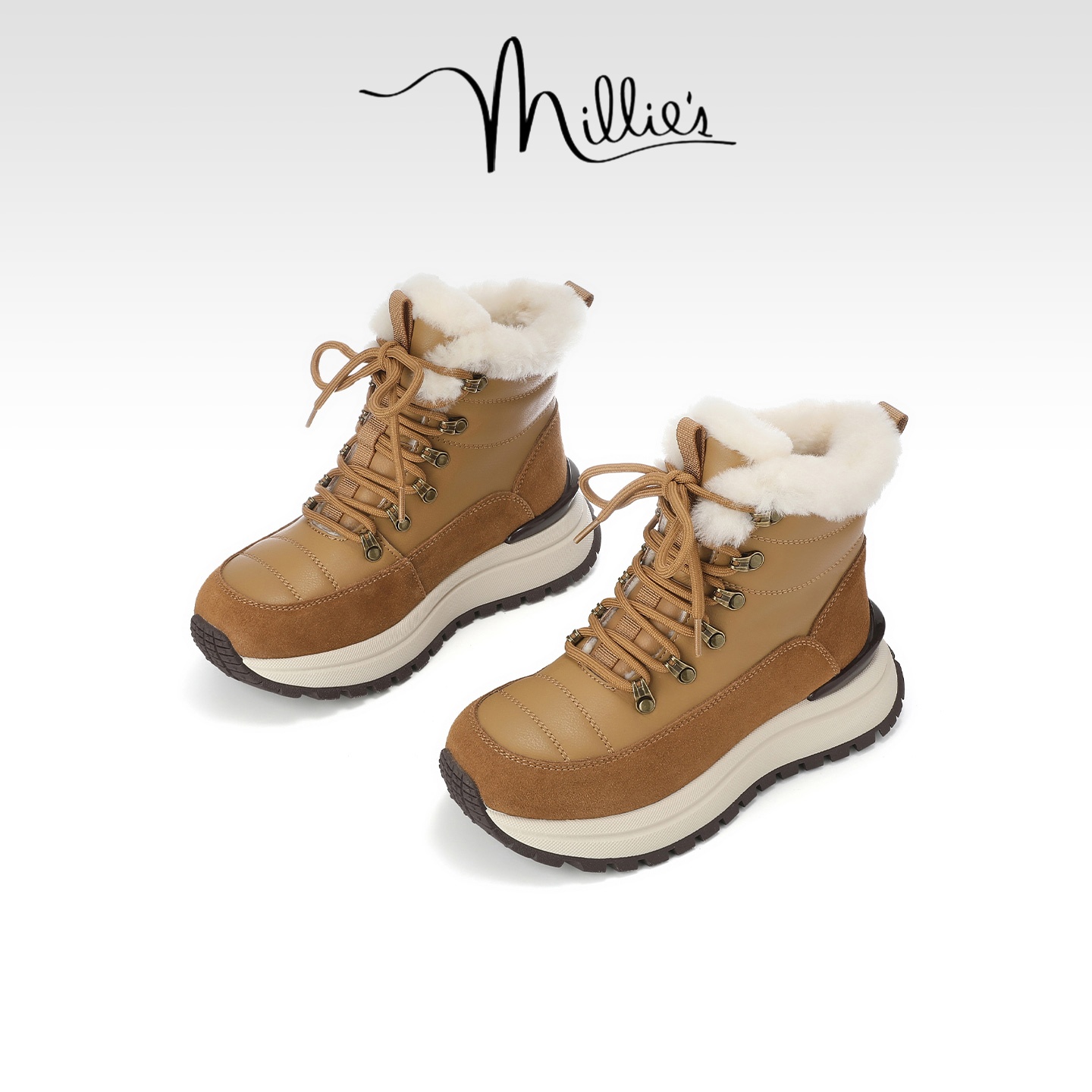 MILLIE'S/妙丽户外风真皮高帮棉鞋冬季加绒保暖厚底不累脚雪地靴