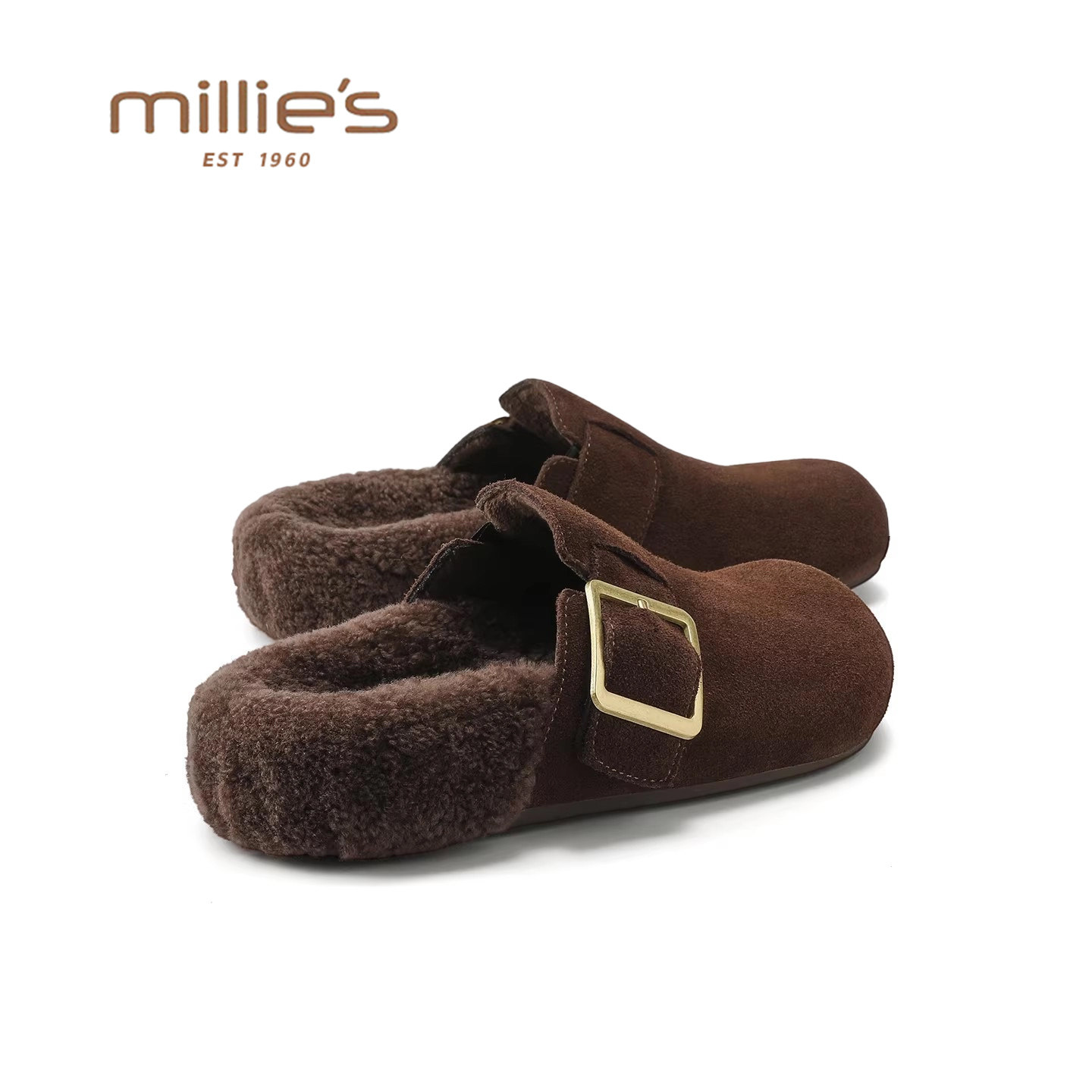 MILLIE'S/妙丽真皮毛绒勃肯鞋包头半拖鞋外穿百搭懒人鞋金属扣带
