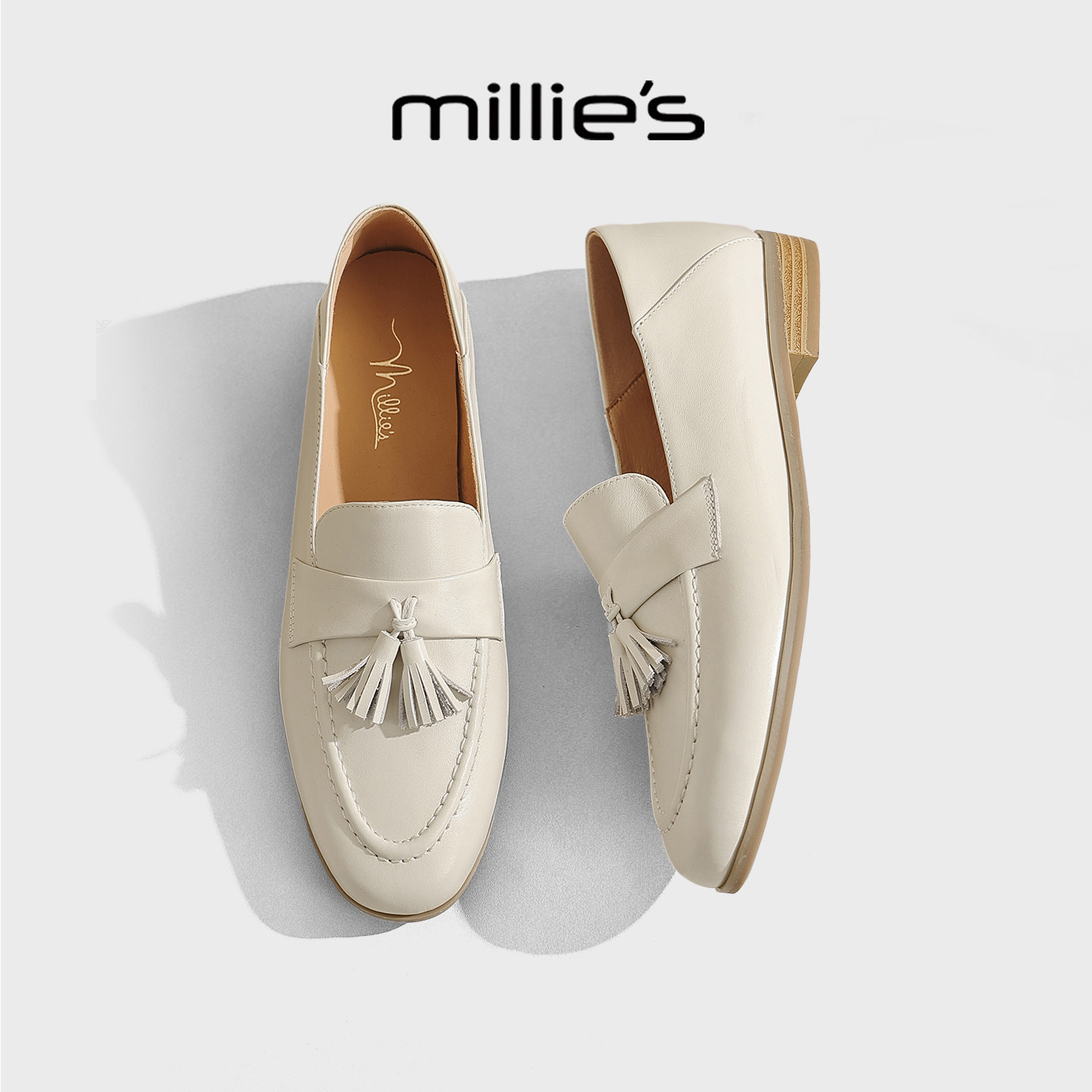 MILLIE'S/妙丽英伦真皮流苏乐福鞋女夏季米白色一脚蹬老钱风单鞋