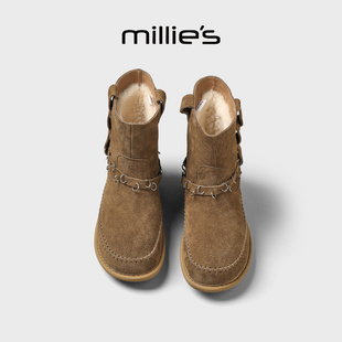 加绒短靴毛毛靴保暖棉鞋 MILLIE 冬季 妙丽反绒皮雪地靴女205新款
