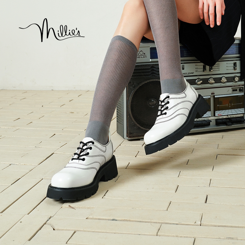 MILLIE'S/妙丽2025秋季女鞋通勤舒适增高真皮厚底圆头休闲德比鞋