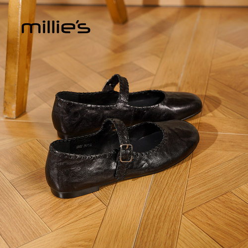millies妙丽女鞋2025新款复古玛丽珍鞋时尚一字皮带扣单鞋小皮鞋