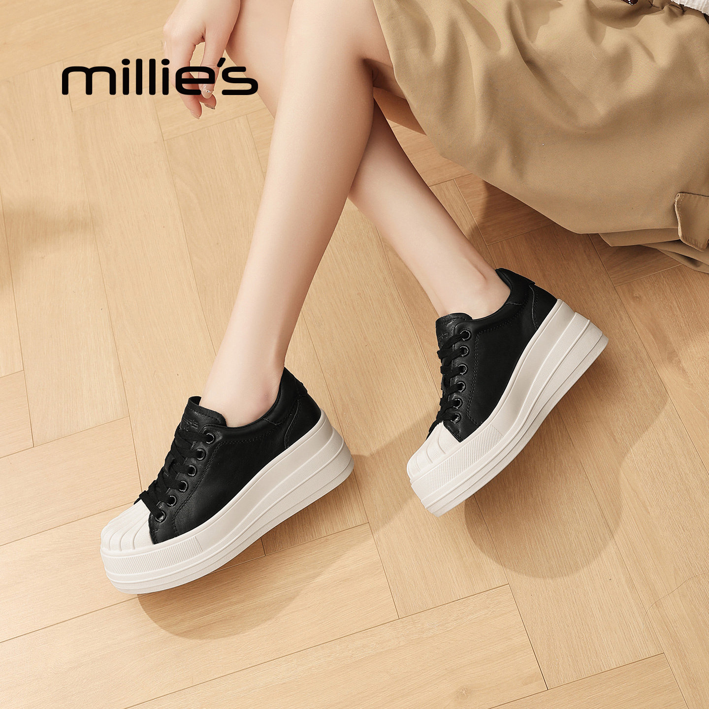 MILLIE'S/妙丽真皮厚底黑色板鞋女2026新款不累脚增高百搭休闲鞋