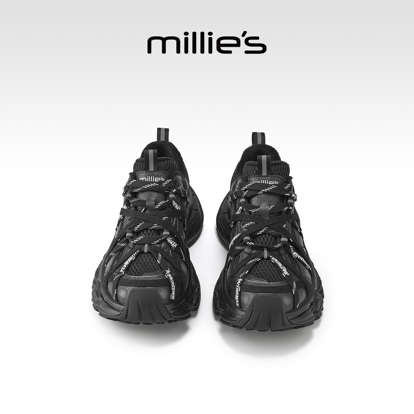 MILLIE'S/妙丽厚底老爹鞋女冬季新款黑色加绒增高时尚休闲运动鞋